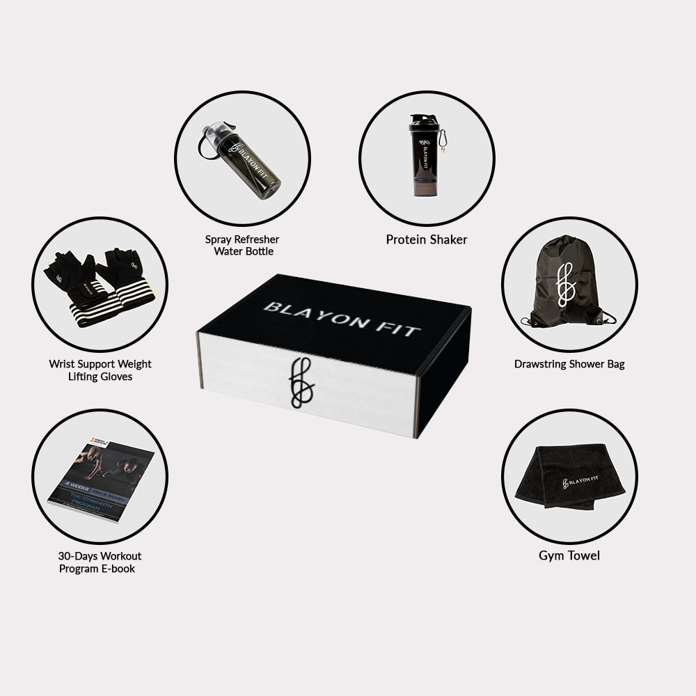 A complete gym kit set that has all the gym accessories and gym equipment you need. From gloves and protein shakers to bags and towels. Our kit is being used by men and woman athlete around the world. The only gym kit you will ever need. Blayon Fit is the first brand worldwide to offer a premium quality gym set. 
