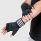 men stretching while wearing gym weightlifting gloves with wrist support.